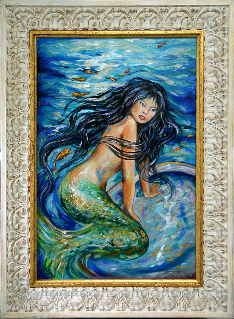 This week I worked on an older painting and changed certain elements like adding hair that swirled around her body, added more fish, made the hair more flowing and added more highlights and color in the water. What do you think? Oh the new one is in the frame.