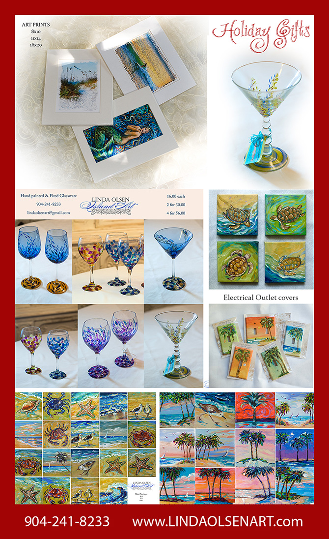 As an artist, I do more than paint large paintings and create photographic illustrations for galleries. For years I have painted and fired glassware, painted electrical outlet covers, created magnets with artistic images and also create mini original paintings. These all make excellent gifts which are more meaningful to the person you are giving to. FOr the next week, I have reduced prices on all of these items and can ship anywhere. We take all major credit cards for your convenience. Just give me a call at 904-241-8233 or email at lindaolsenart@gmail.com if interested in more information. Happy Holidays everyone!!!