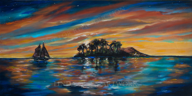 A Tropical Island at Sunset 30x15
