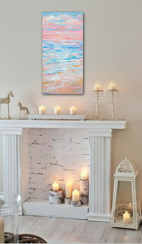 Walking on the beach at sunrise and even sometimes in the early evening, pastel colors flood the sky. My goal was to express this idea in a semi abstract painting done with larger brushes and knife.  "Pink Sky Morning" is 15x30"